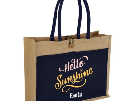 Hello Sunshine Blue Jute Bag With Canvas Pocket For Discount